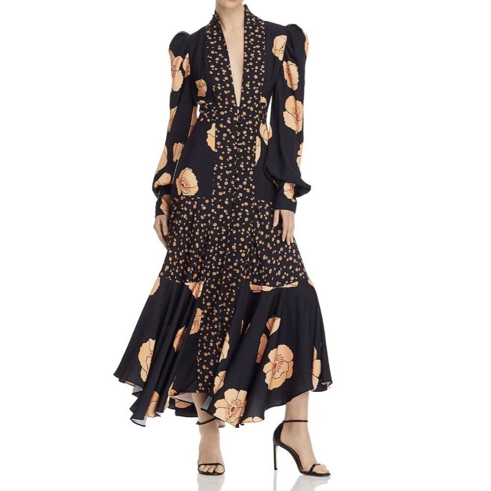 ACLER Elton Mixed Florals Long Sleeve Midi Dress Black and Orange NWT